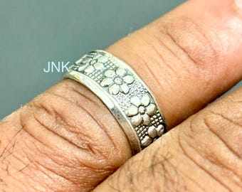 Bague Argent Massif 925 – Jonc Alliance Fleurs – Taille 58 – Vintage