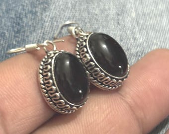 Black Onyx Sterling Silver Earrings: Oval Boho Gemstone