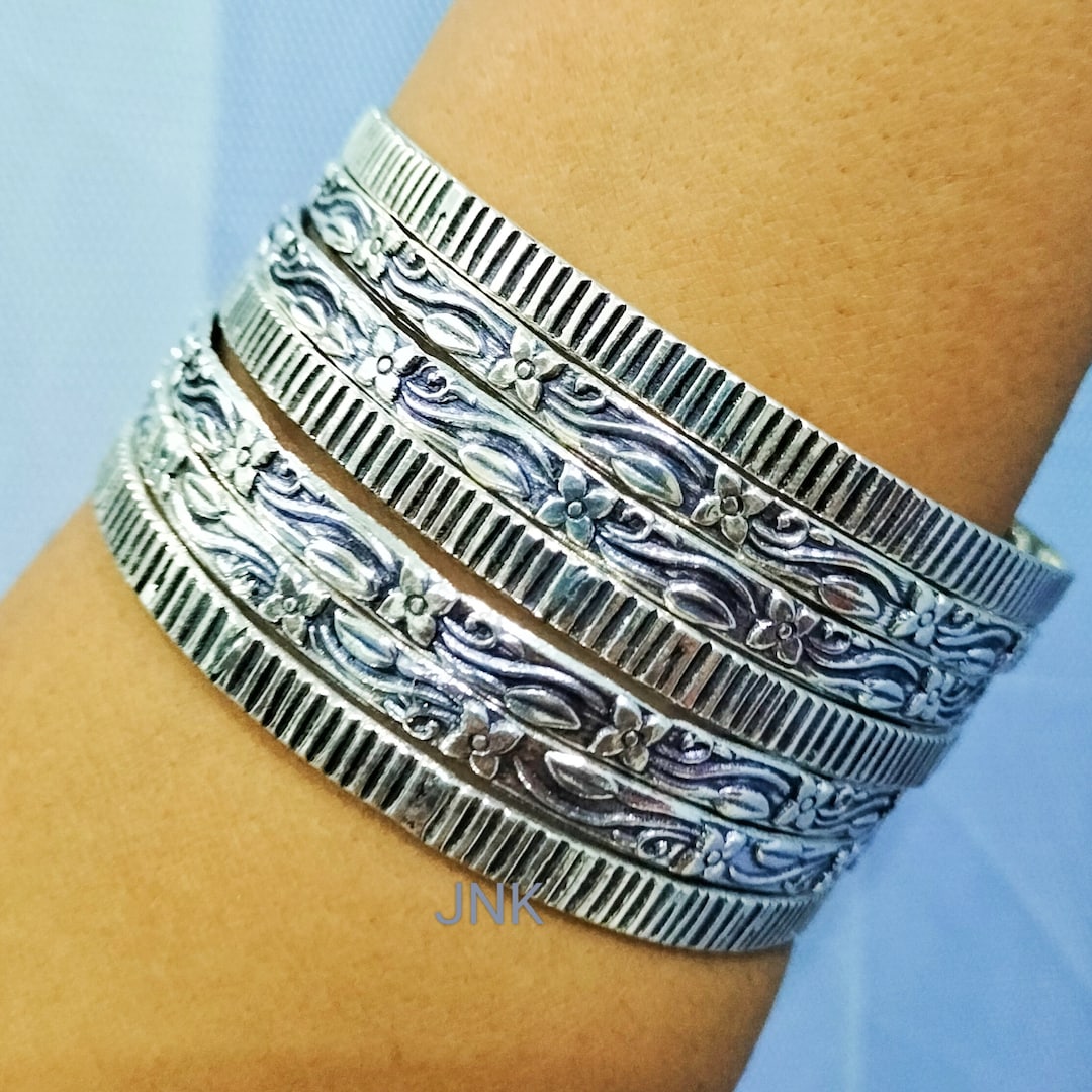Handmade Sterling Silver Floral Bangle Set - Stackable 925 Silver
