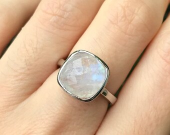 Rainbow Moonstone Sterling Silver Ring: Square Facet Boho Stackable Ring