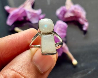 Moonstone Gemstone ring, Handcrafted Sterling Silver two Stone ring