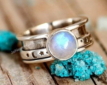 Stars and Moon Ring, Moonstone Ring, Fidget Spinner Ring, Sterling Silver Ring for Women, Meditation Anxiety Ring, Boho Celestial Jewelry