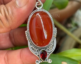 Boho carneool granaat sterlingzilveren hanger - handgemaakte ambachtelijke sieraden