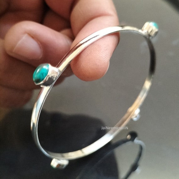 Handmade Turquoise Gemstone Bangle: 925 Sterling Silver Boho