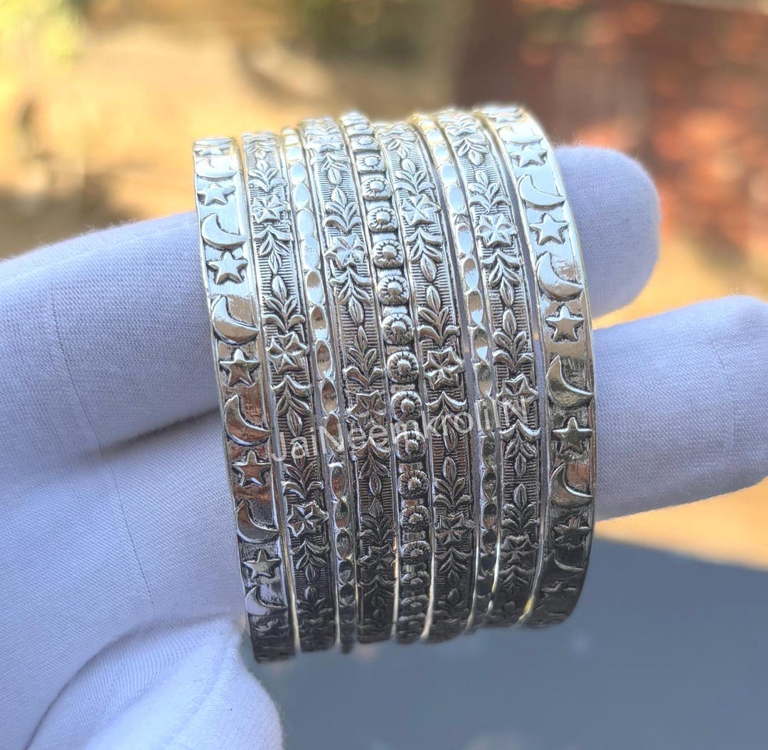 Handmade Sterling Silver Bangle Set: Indian Boho Stacking