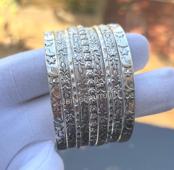 Handmade Sterling Silver Bangle Set: Indian Boho Stacking