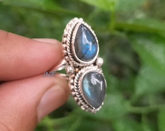 Handmade Two Stone Labradorite Ring: Statement Designer Jewelry