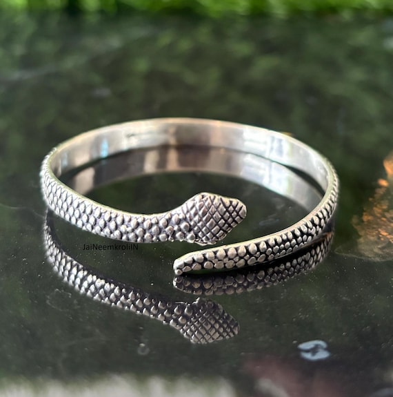 Sterling Silver Snake Bangle: Adjustable Animal Cuff, Boho Hippie