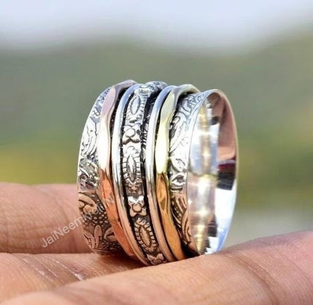 Three Tone Spinner Ring, Sterling Silver Spinner Rings for Women ...