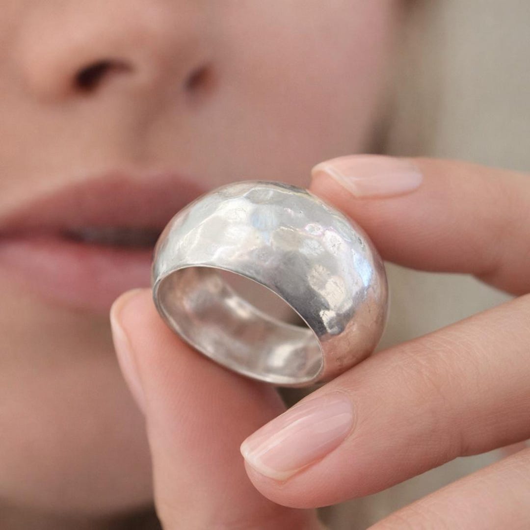 925 Sterling Silver Dome Ring - Handcrafted Hammered Band - Unisex ...