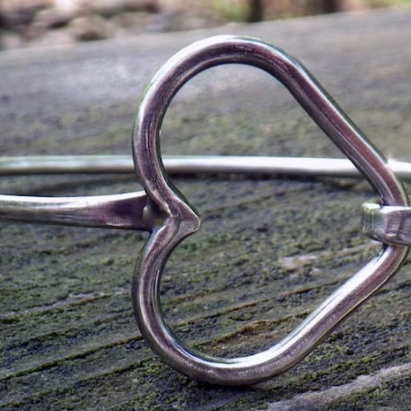 Silver Heart Bangle - 925 Sterling Hammered Stacking Bangle Charm Bracelet Handmade From Recycled Eco Silver