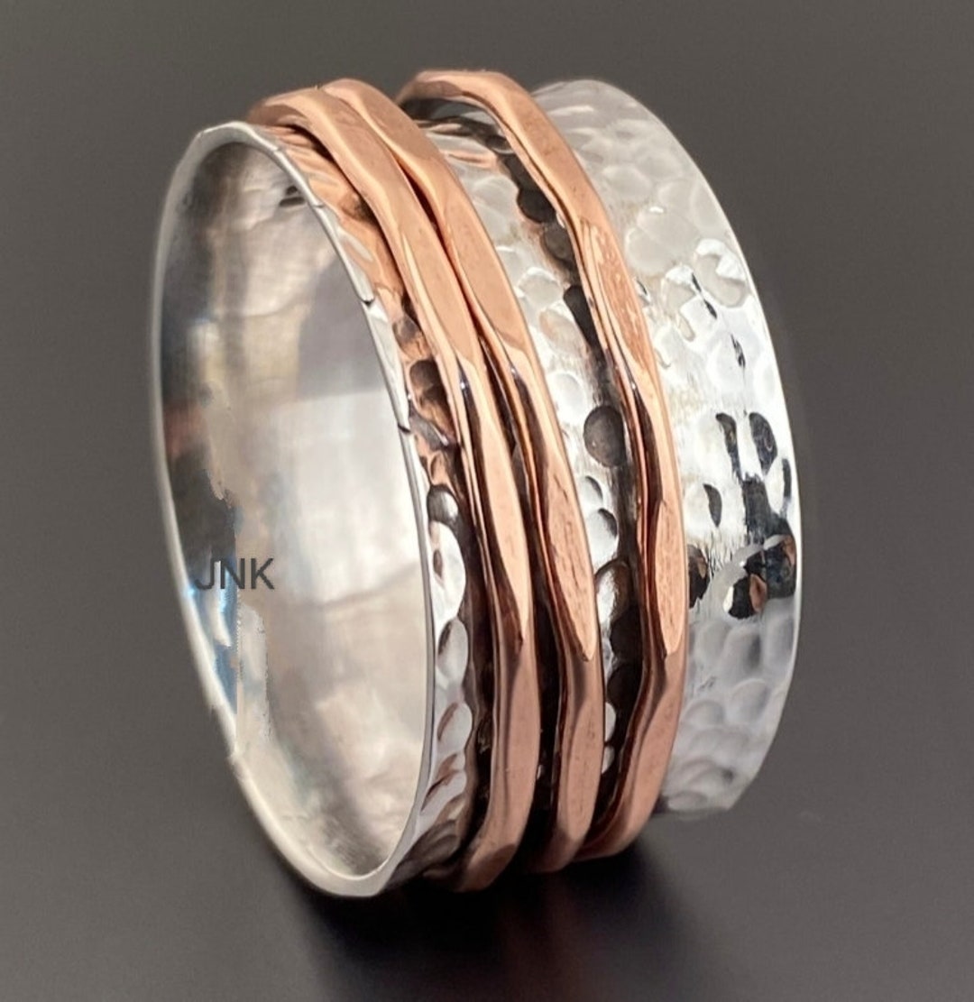 Hammered Sterling Silver Spinner Ring: Two-tone Meditation Fidget Ring ...
