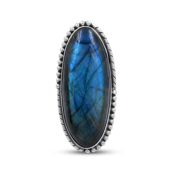 Bague horizontale argent et pierre ovale en Labradorite T54/60