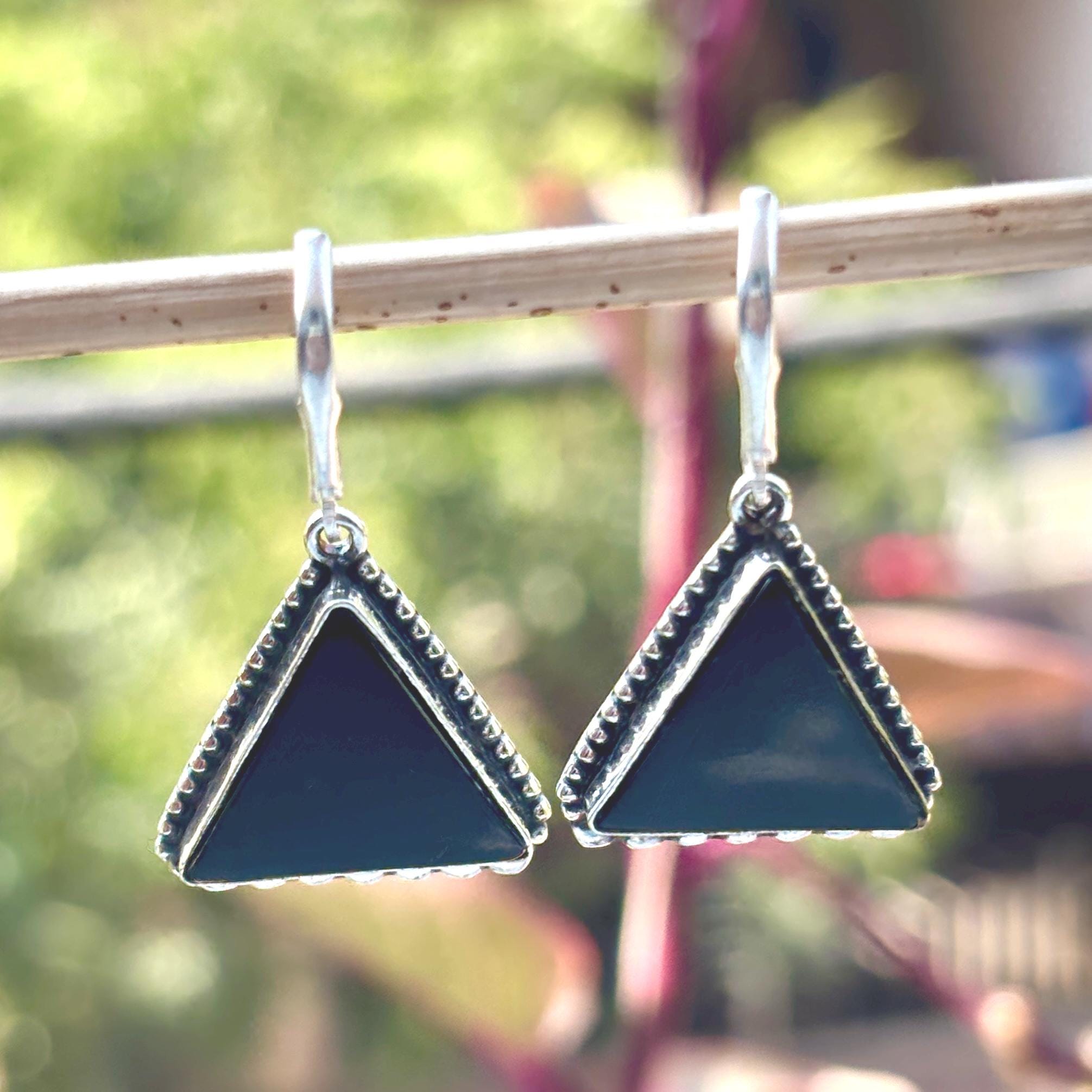Black Stone Triangle Drop Earrings, Sterling Silver Lever Back