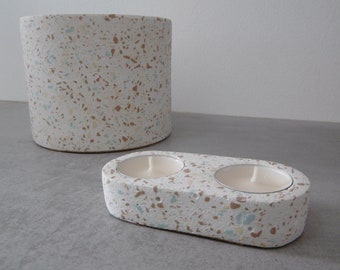 candle holder / tealight holder in white concrete and brown, yellow and sky blue terrazzo