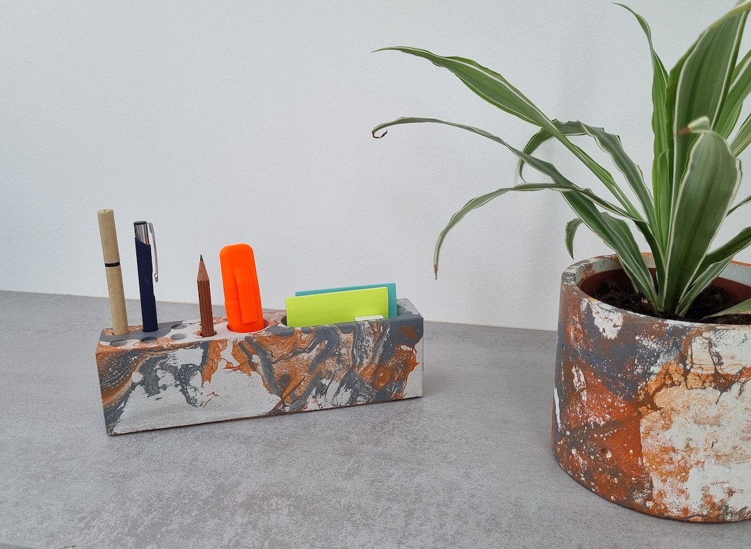 Desk Organizer in White Concrete and Acrylic Orange and Gray Abstract ...