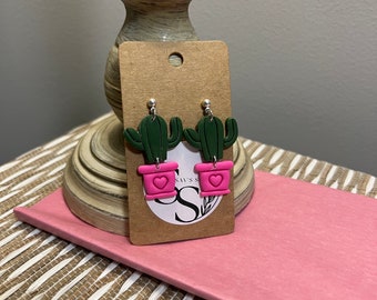 Handmade Clay “LOVE” Cactus in a Pink Pot Earrings
