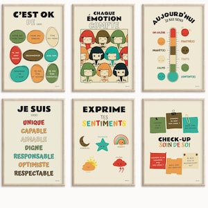 6 calming corner posters in French, emotion, affirmation, positive phrase for kids, school psychologist decor, social worker gift