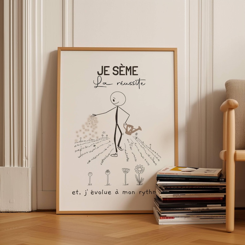 Un bonhomme bâton minimaliste et esthétique sème des graines dans un jardin. Il disperse soigneusement des graines. Des fleurs épanouies et d’autres en train d’éclore illustrent le titre ‘Je sème la réussite’.