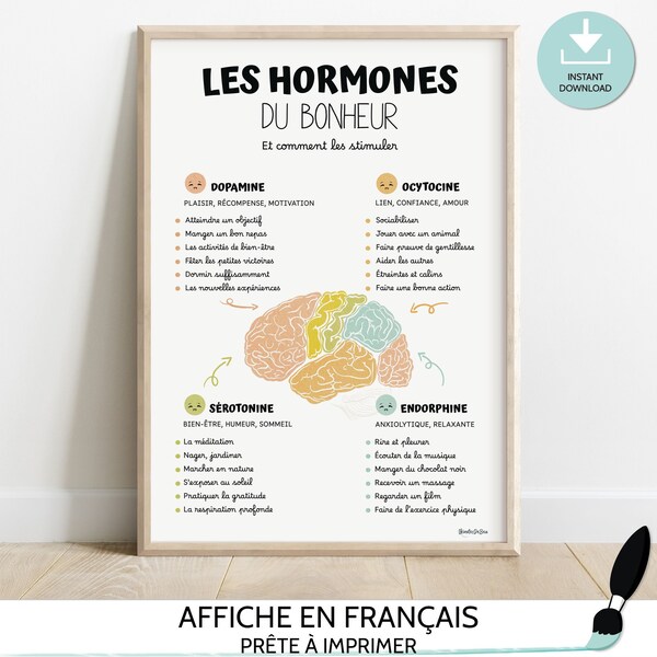 Affiche Hormones du bonheur en français, Décor bureau de thérapie, Affiche de santé mentale, Conseiller scolaire, Psychologue scolaire