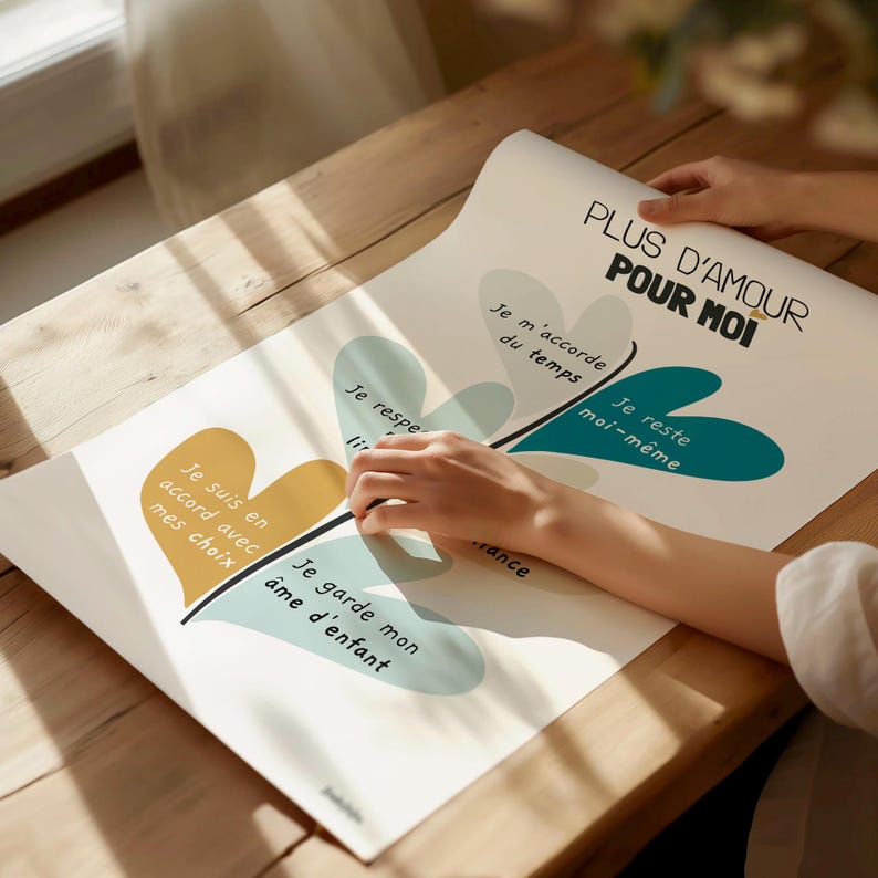 Affiche posée sur une table en bois. Une main de femme repose à plat dessus, l’autre tient délicatement le bord. La scène est vue du dessus, en gros plan.