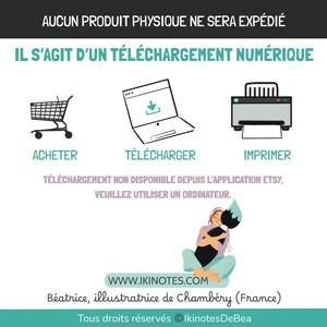Texte rappelant que l’article acheté est un produit en téléchargement numérique. Illustré par trois dessins : panier d’achat, symbole de téléchargement et dessin d’imprimante en dessous desquels est écrit acheter, télécharger, imprimer.