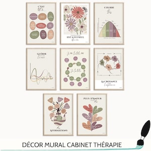 May include: A collection of nine framed art prints with a neutral color palette. The prints feature floral designs, abstract shapes, and text in French. The artwork is suitable for a therapy office or home decor. The bottom of the image has the text "DÉCOR MURAL CABINET THÉRAPIE".