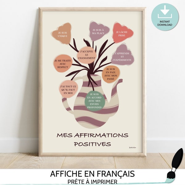 Art mural floral affirmation positive français - Affiche bien-être, psychologie à imprimer - Décor inspirant de thérapie - Cadeau pour elle