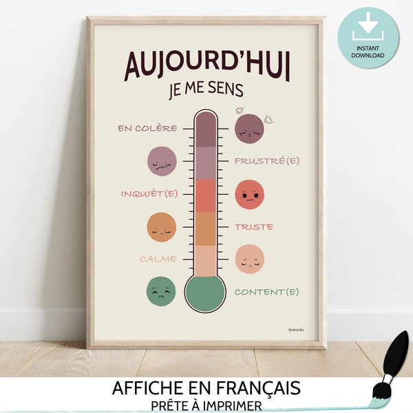 Tableau thermomètre des sentiments français, affiche thermomètre des émotions, humeur et autorégulation imprimable, outil thérapeutique