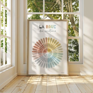 L’affiche est dans un grand cadre en bois, posé au sol dans une pièce ensoleillée ressemblant à un patio. Le cadre est appuyé contre une fenêtre à carreaux, avec des arbres visibles à travers.