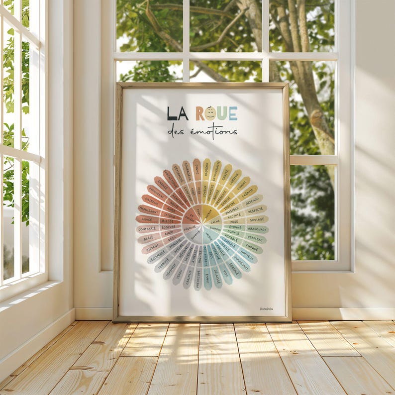 L’affiche est dans un grand cadre en bois, posé au sol dans une pièce ensoleillée ressemblant à un patio. Le cadre est appuyé contre une fenêtre à carreaux, avec des arbres visibles à travers.