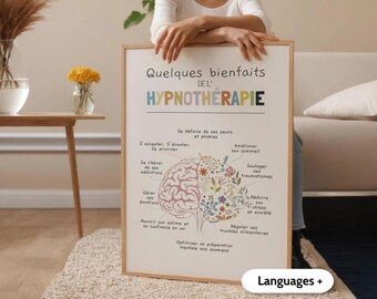 Wandbild „Vorteile der Hypnose“, Geschenk für Hypnosetherapeuten, Dekoration für die Therapiepraxis (französisch), Poster mit floralem Muster zum Thema Gehirn