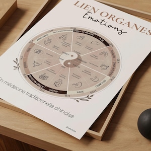 May include: A white poster titled LIEN ORGANES Emotions in traditional Chinese medicine. It features a circular diagram divided into segments representing organs, time intervals, and associated emotions, with a central yin-yang symbol.