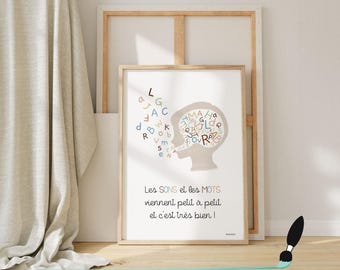 Grafika ścienna z logopedią po francusku, plakat z inspirującym cytatem, dekoracja gabinetu terapeutycznego, prezent dla logopedy, psycholog szkolny