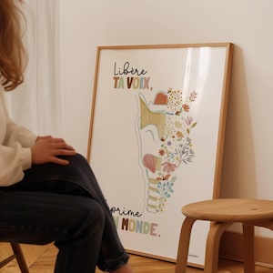 May include: A framed art print with a wooden frame. The artwork features a colorful illustration of the human throat, with floral elements and the French text "Libère ta voix, exprime ton monde."