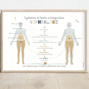 Peut inclure: Une affiche encadrée, intitulée "Systèmes et Points d'intégration SOPHROLOGE". Elle présente deux figures humaines stylisées avec des points et systèmes étiquetés, dans une palette de couleurs beige, bleu et jaune. Le cadre est en bois clair.