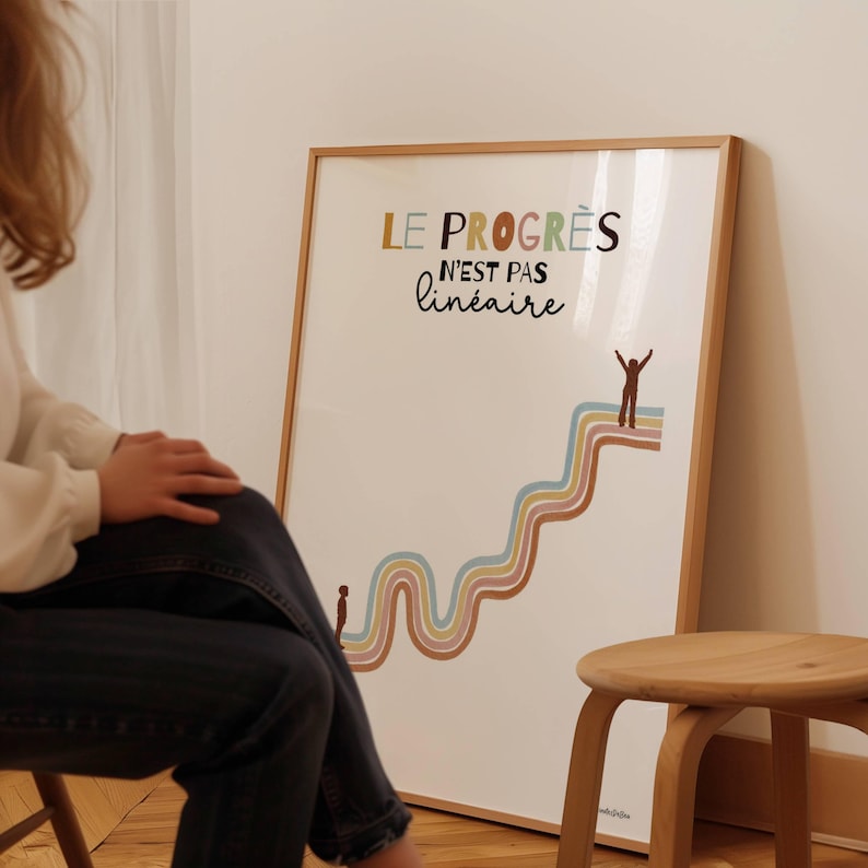 Illustration douce et colorée. Titre : "Le progrès n’est pas linéaire". Une courbe ondulée pastel. En bas, un petit garçon commence son chemin. En haut, un autre atteint un sommet. Le parcours est sinueux, mais porteur d’espoir. Affiche présentée dans cadre en bois posé au sol. Une personne assise sur une chaise en face du cadre regarde l'affiche.