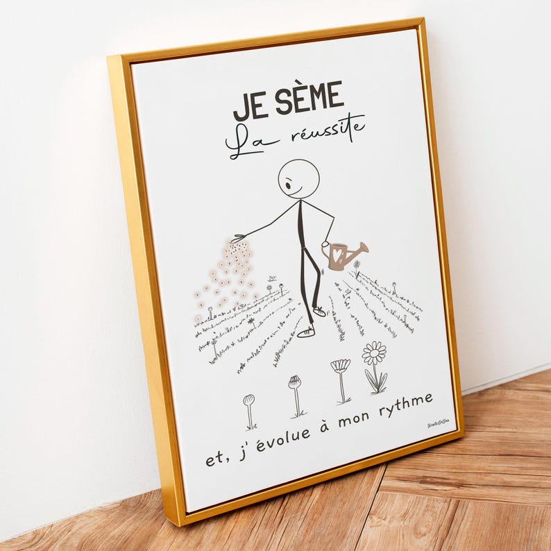 Un bonhomme bâton minimaliste et esthétique sème des graines dans un jardin. Il disperse soigneusement des graines. Des fleurs épanouies et d’autres en train d’éclore illustrent le titre ‘Je sème la réussite’.