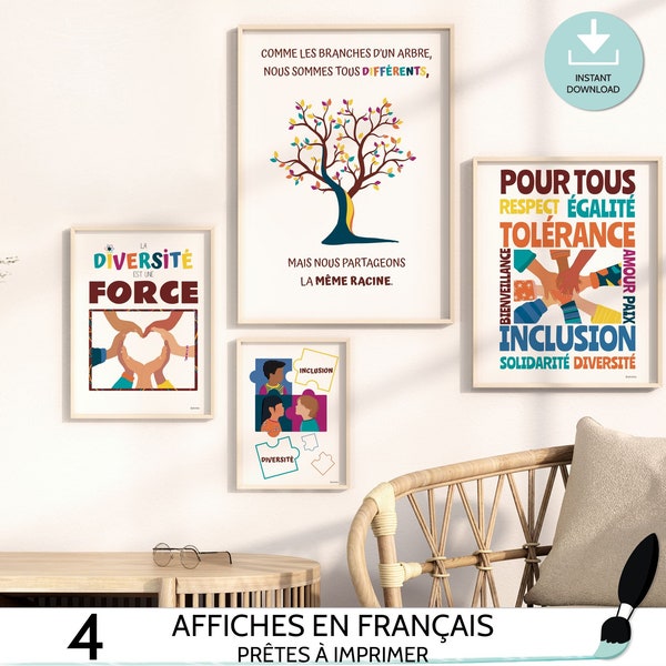 4 Affiches sociales inclusion français - Art mural imprimable classe primaire - Décor bureau Conseiller scolaire - Cadeau Travailleur social