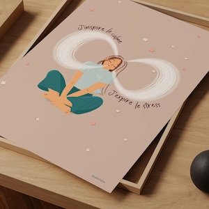 Stampa murale yoga in francese, Poster di respirazione consapevole inspira espira, Illustrazione per sofrologo, ritorno alla calma