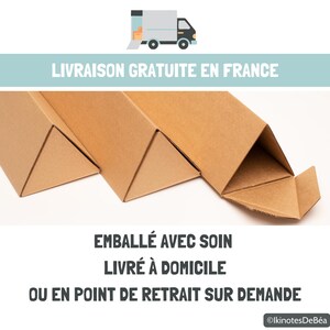 Image montre un dessin de camion de livraison et message "livraison gratuite en France". On voit des emballages triangulaires pour l'expédition des affiches avec message "emballage soigné et livré à domicile". Ensemble au couleur vert et blanc.