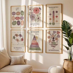 Può includere: Sei stampe da parete incorniciate con cornici dorate, raffiguranti varie illustrazioni tra cui fiori, una piramide, un termometro e testo in francese, disposte in due file da tre su una parete chiara sopra un divano beige.