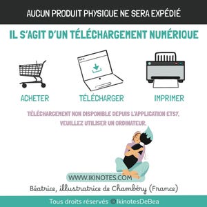 Texte rappelant que l’article acheté est un produit en téléchargement numérique. Illustré par trois dessins : panier d’achat, symbole de téléchargement et dessin d’imprimante en dessous desquels est écrit acheter, télécharger, imprimer.