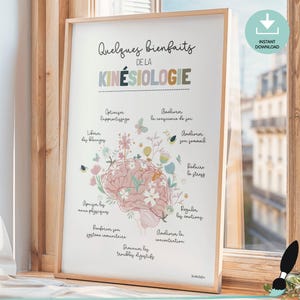 Può includere: Un poster bianco con un'illustrazione di cervello rosa e testo in francese che dice "Quelques bienfaits de la Kinesiologie" e elenca i benefici della kinesiologia, tra cui "Optimiser l'apprentissage", "Libérer les blocages", "Améliorer les performances physiques", "Renforcer son système immunitaire", "Donner à son corps l'énergie qu'il a besoin", "Améliorer la conscience de soi", "Améliorer son sommeil", "Réduire le stress", "Réguler les émotions", "Améliorer la concentration".
