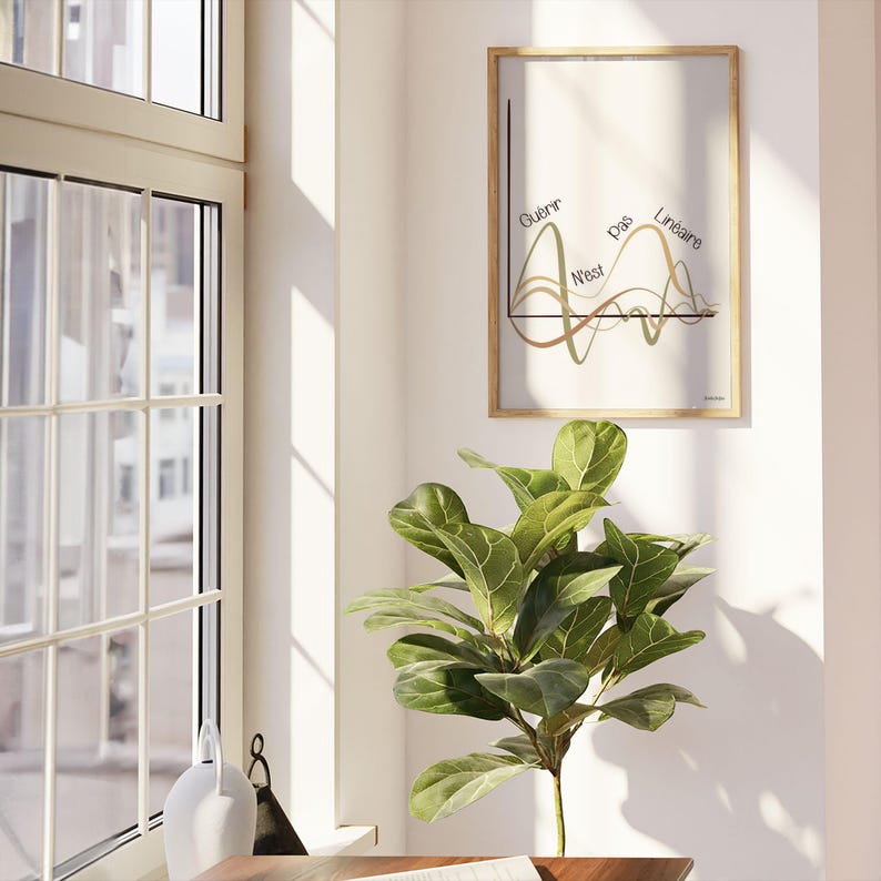 L'affiche est présentée dans un cadre accroché sur un mur blanc à côté d'une fenêtre ouverte. La pièce est ensoleillée et il y a un bureau et une grande plante verte.