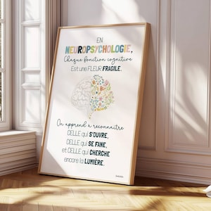 Könnte beinhalten: Ein gerahmter Druck mit dem Text "EN NEUROPSYCHOLOGIE, Chaque fonction cognitive Est une FLEUR FRAGILE." Der Druck zeigt eine farbenfrohe Illustration eines Gehirns mit floralen Elementen. Der Rahmen ist hellbraun.