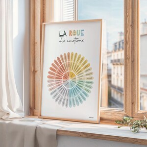 Affiche présentée dans un cadre en bois, de biais et posé sur le rebord d'une fenêtre.