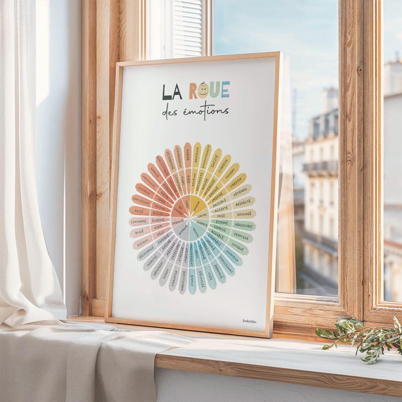 Affiche présentée dans un cadre en bois, de biais et posé sur le rebord d'une fenêtre.