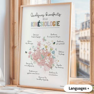 Peut inclure: Une affiche verticale encadrée présentant le texte "Quelques bienfaits DE LA KINÉSIOLOGIE" en lettres noires et multicolores. Sous le texte se trouve une illustration rose d'un cerveau humain orné de diverses fleurs et papillons colorés.