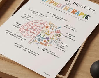 Poster zu den Vorteilen der Hypnosetherapie, Geschenk für Hypnosetherapeuten, Dekoration für die Therapiepraxis auf Französisch, Poster mit floralem Gehirnmotiv, Hypnosepraxis